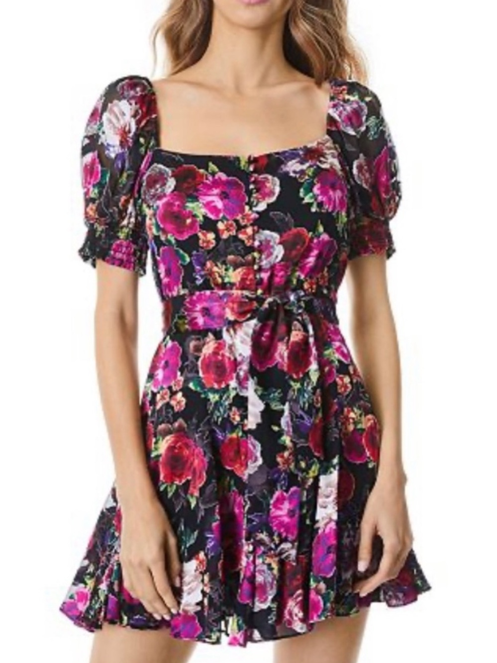 Alice + Olivia Black Mini Dress with Pink Floral Print